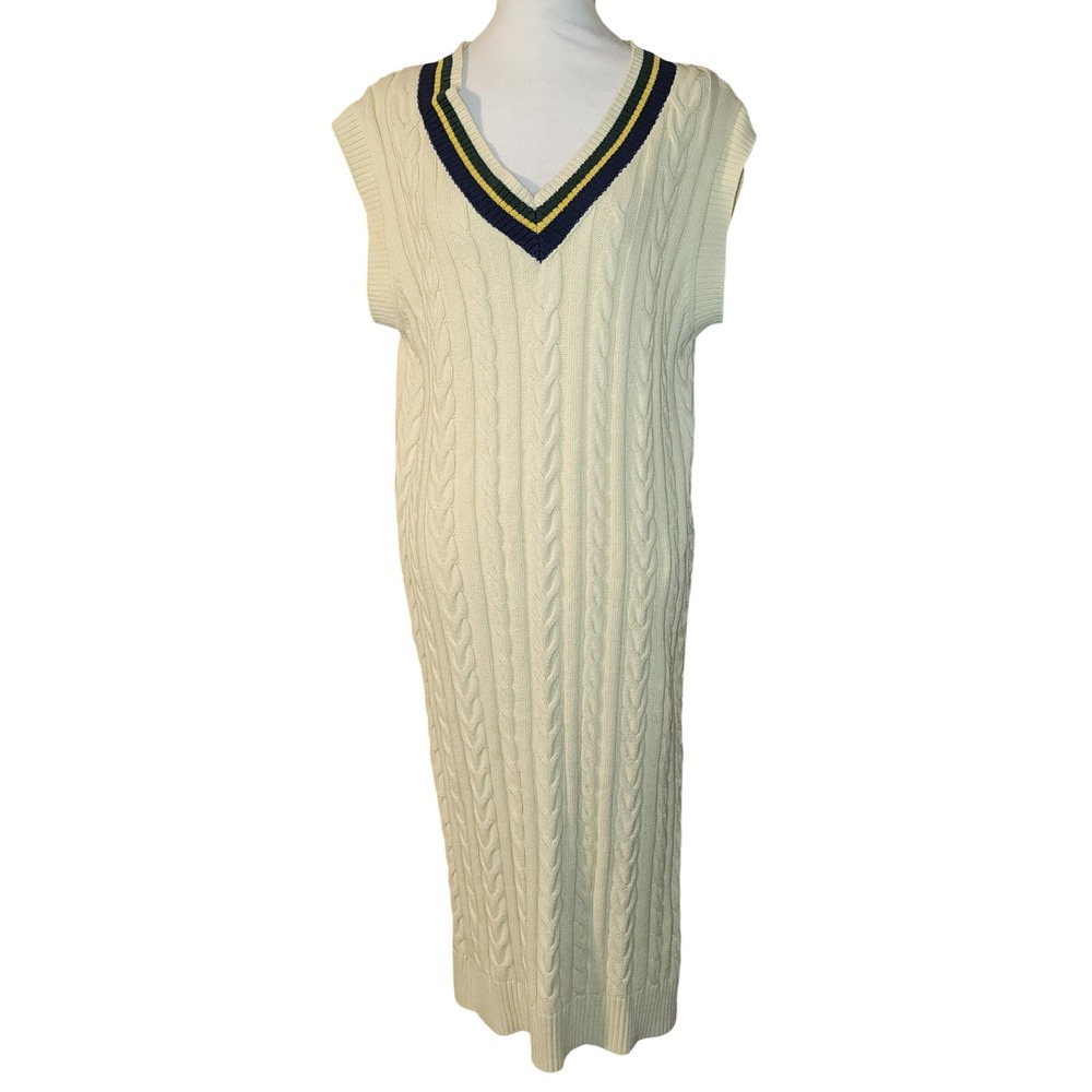 The Normal Brand Cream Cable Knit V Neck Sweater Dress Maxi Long Sleeveless